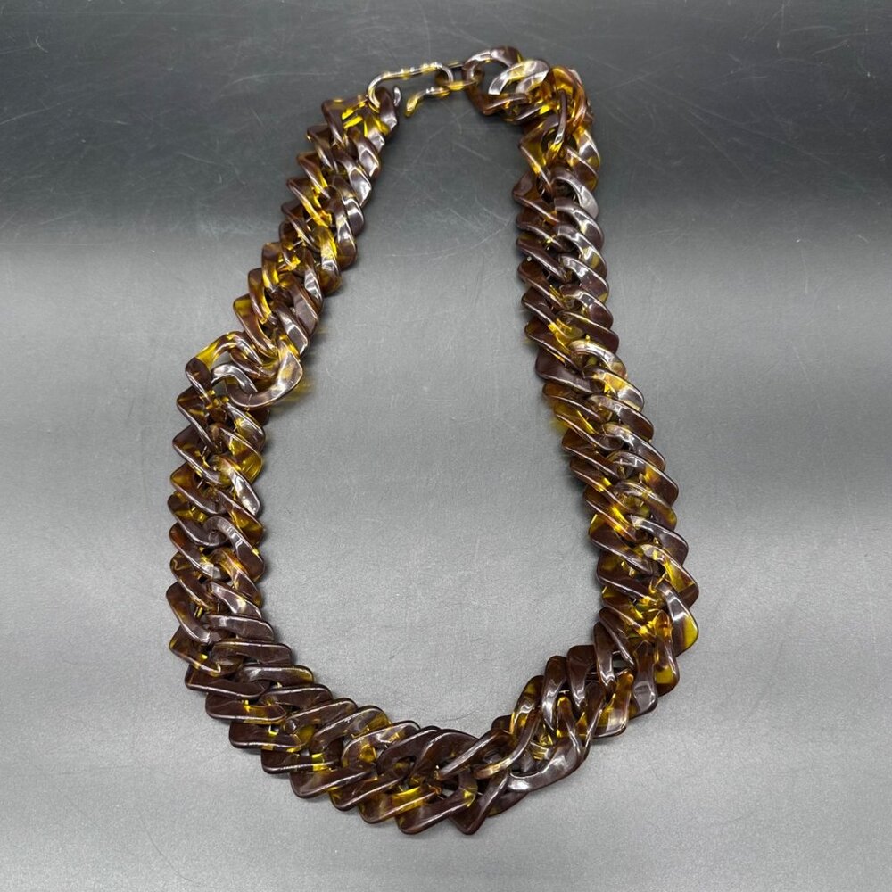 Chunky Tortoise Shell Lucite Acrylic Twist Chain Necklace Statement Jewelry Vint - Picture 3 of 7